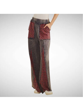 Sage + Fig Grunge Patch Plaid Wide-Leg Pants Navy/Red Size M